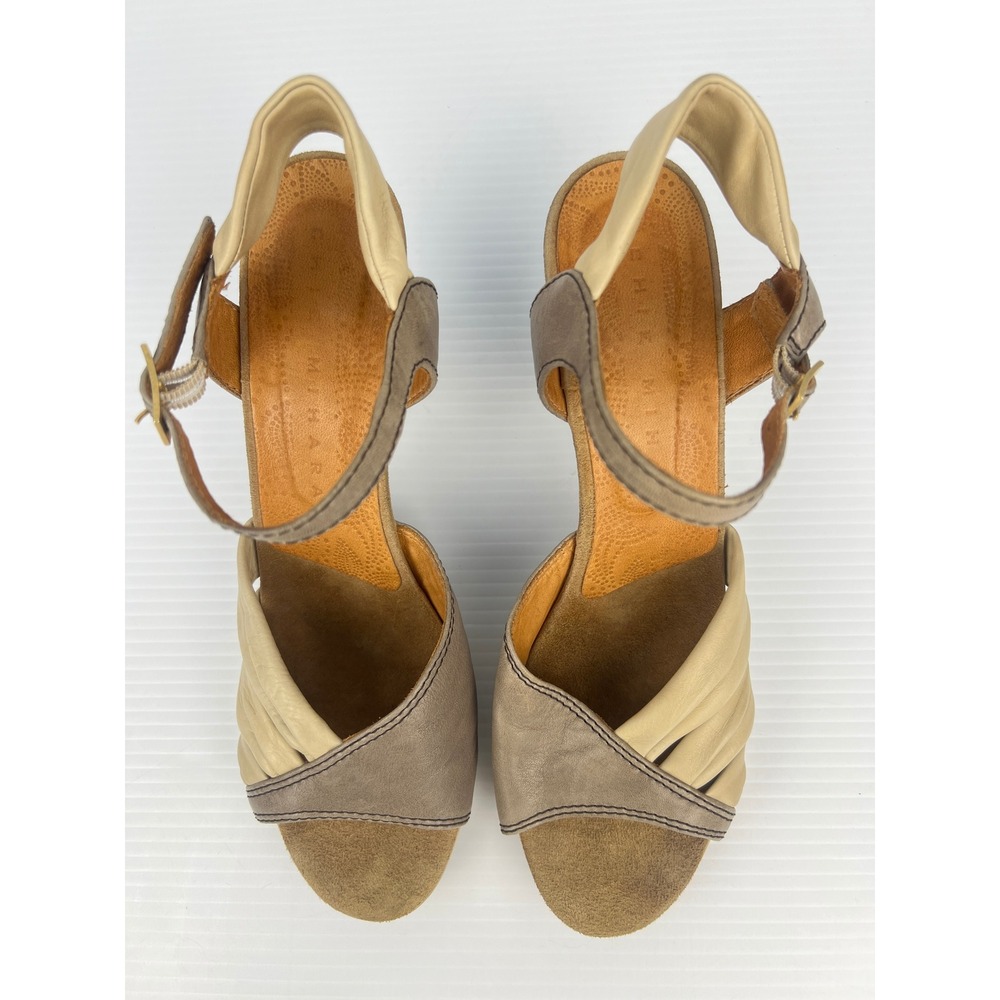 Chie Mihara Two Tone Leather Pleated Heeled Platform Sandals Taupe Spain 40.5 - Picture 2 of 12